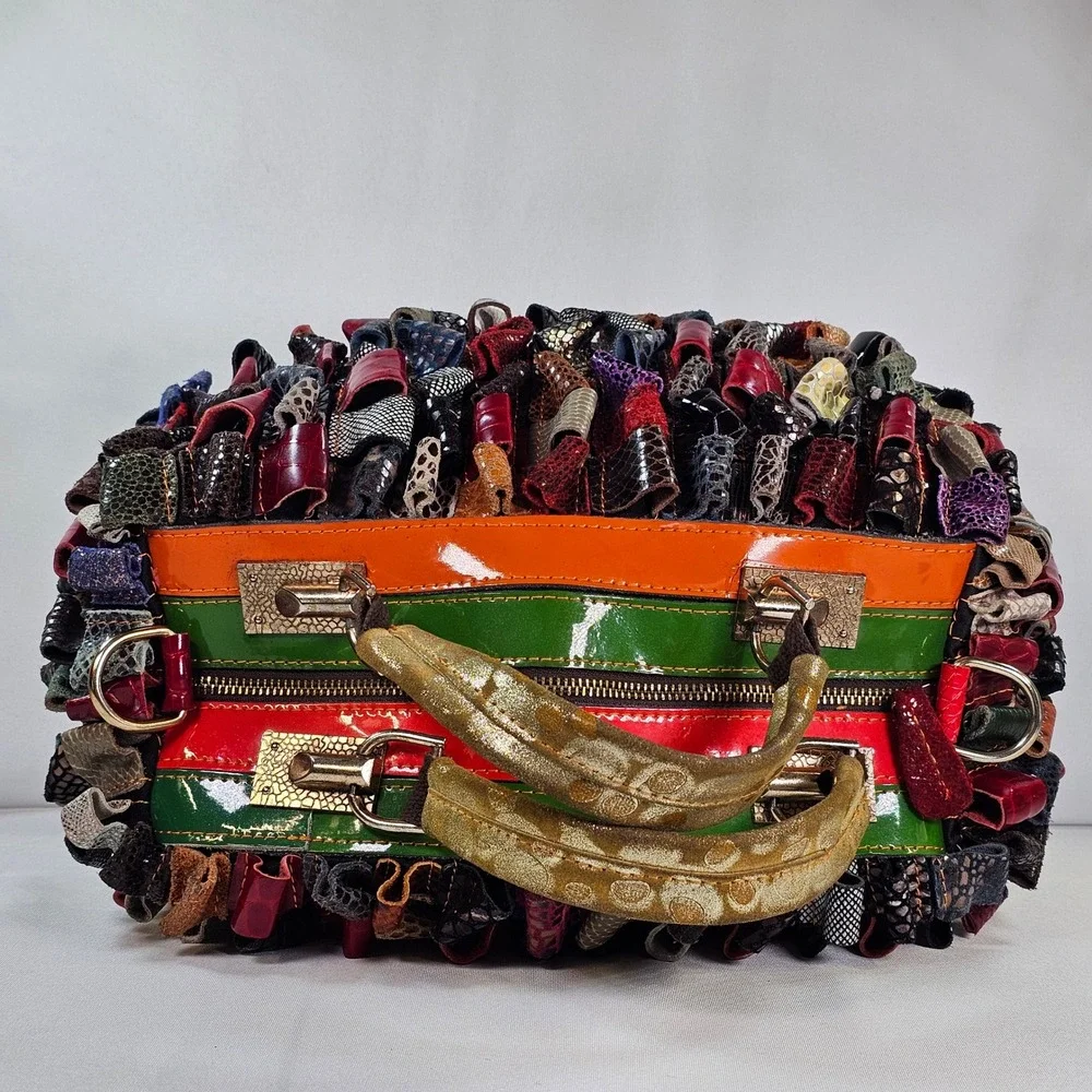 Arianna Dini Clara Handmade‎ Patchwork Leather Satchel Bag Textured Loops Boho